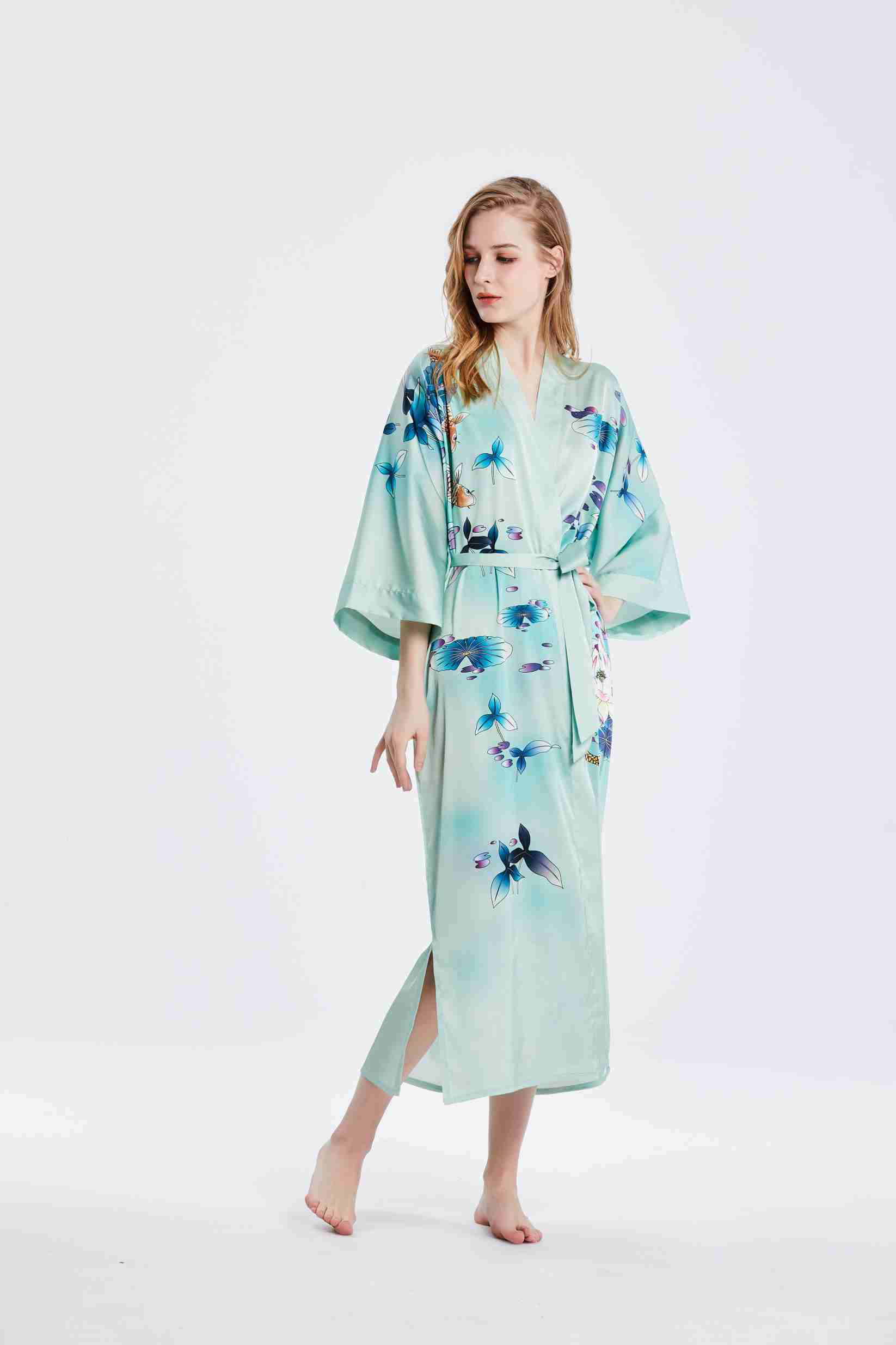 Best Ladies Real Silk Green Kimono Robe Nightgown Loungewear with Print Factory Wholesale