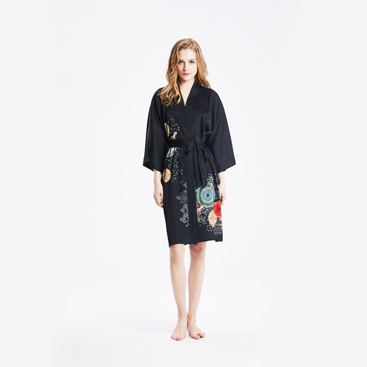 Womens Short Satin Silk Black Japanese Printed Kimono Robe Nightgown with 3/4sleeve Bulk buy Wholesale