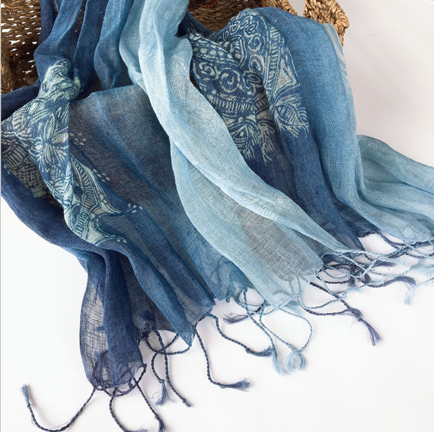 Custom Tie-dye Gradient Blue Lightweight And Breathable Linen Scarf Shawl Wholesale