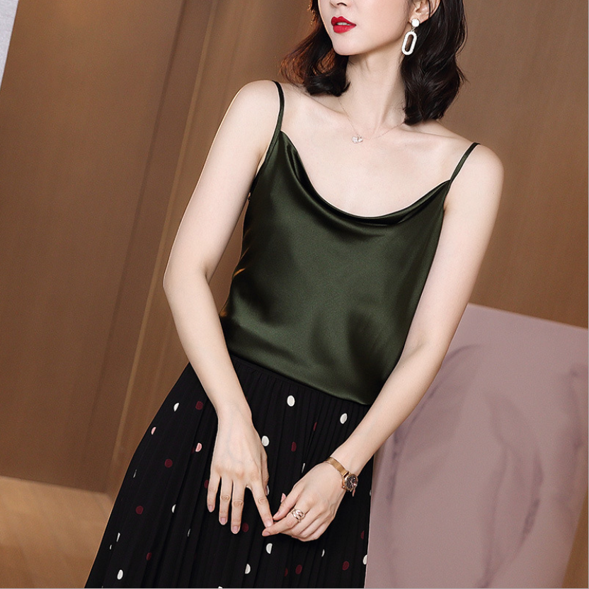 Custom and Wholesale Swing Collar Casual Mulberry Silk Green Elegent Cami for Women