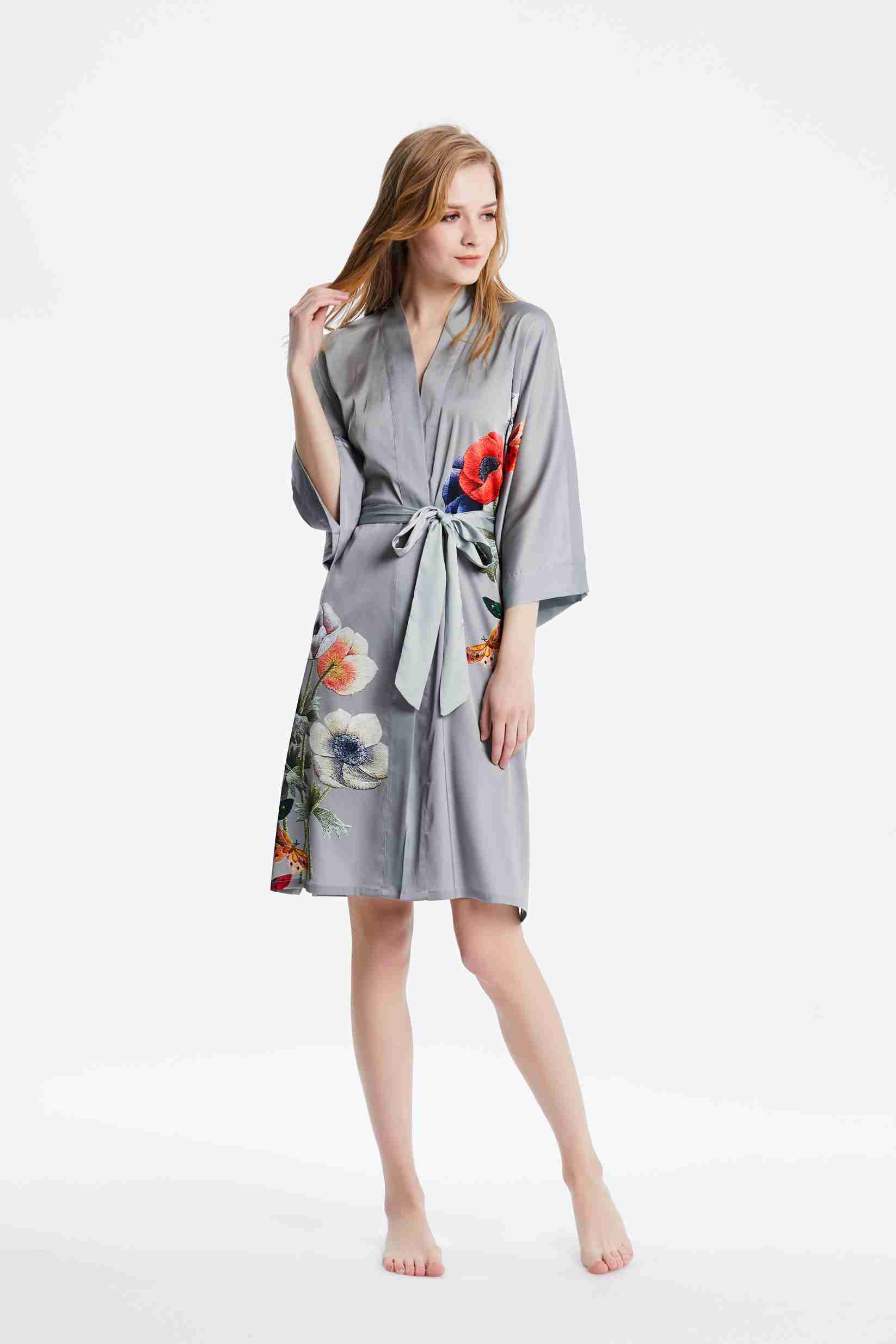 Best Ladies Washable Satin Silk Floral Print Kimono Short Bathrobe Nightgown with 3/4 sleeve in Grey Bulk buy Wholesale