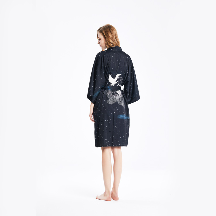 Womens Short Satin Silk Printed Black Kimono Robe Nightgown with 3/4sleeve Bulk buy Wholesale