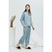 Wholesale Chinese Designer Blue Silk Pjs with Long Sleeves for Women