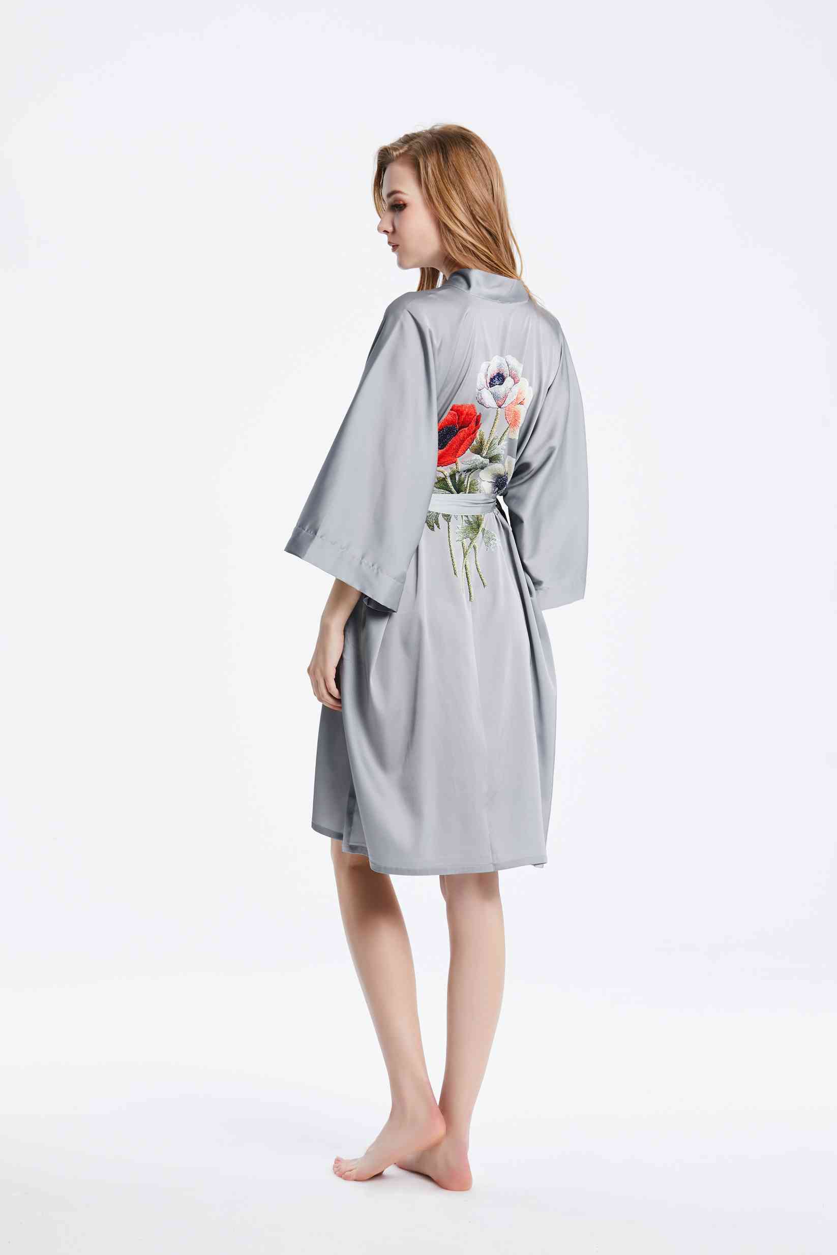 Best Ladies Washable Satin Silk Floral Print Kimono Short Bathrobe Nightgown with 3/4 sleeve in Grey Bulk buy Wholesale