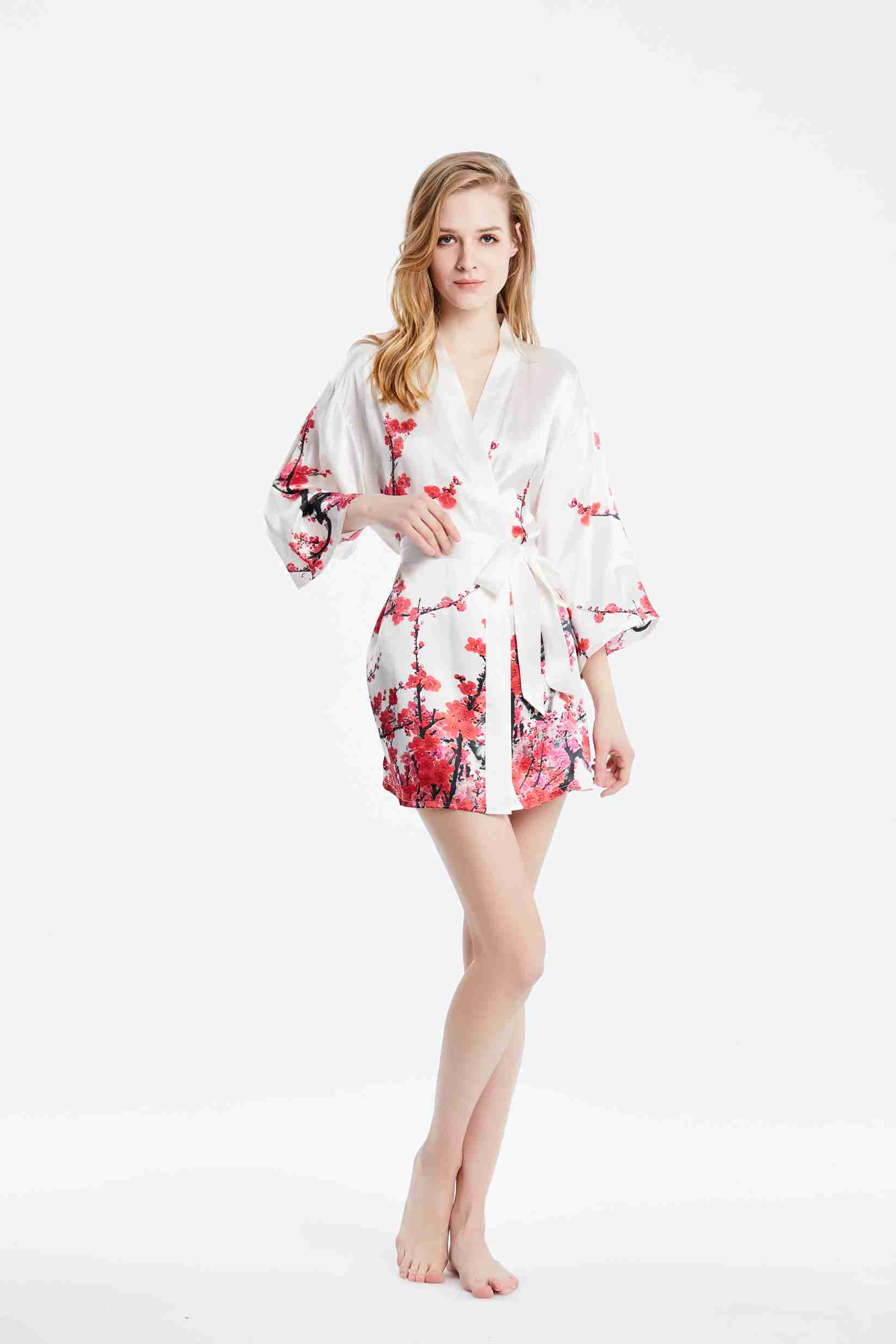 Women's Short Washable Silk White Bridal Kimono Robe Nightgown with