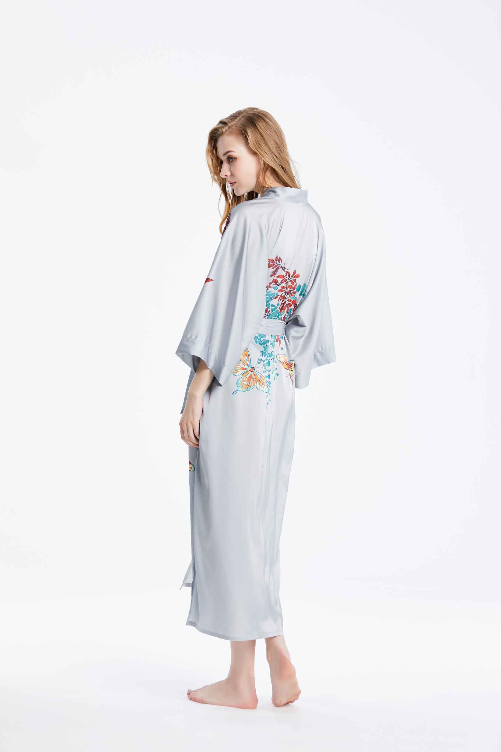 Best Ladies Long Authentic Silk Gray Kimono Robe Nightgown with Custom Floral Print Factory Wholesale