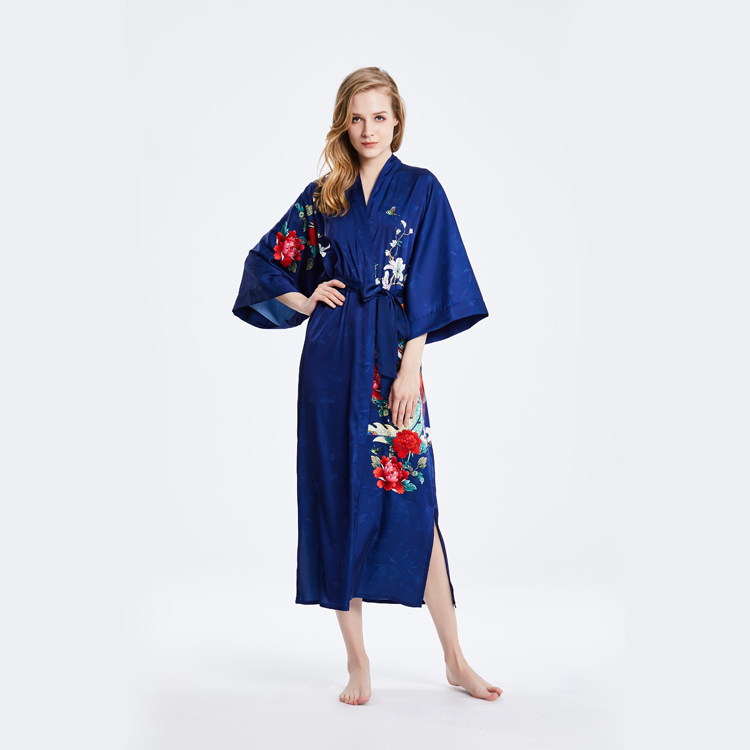 Best Ladies Floor Length Luxury 100 Silk Blue Kimono Robe Nightgown custom Print Factory Wholesale