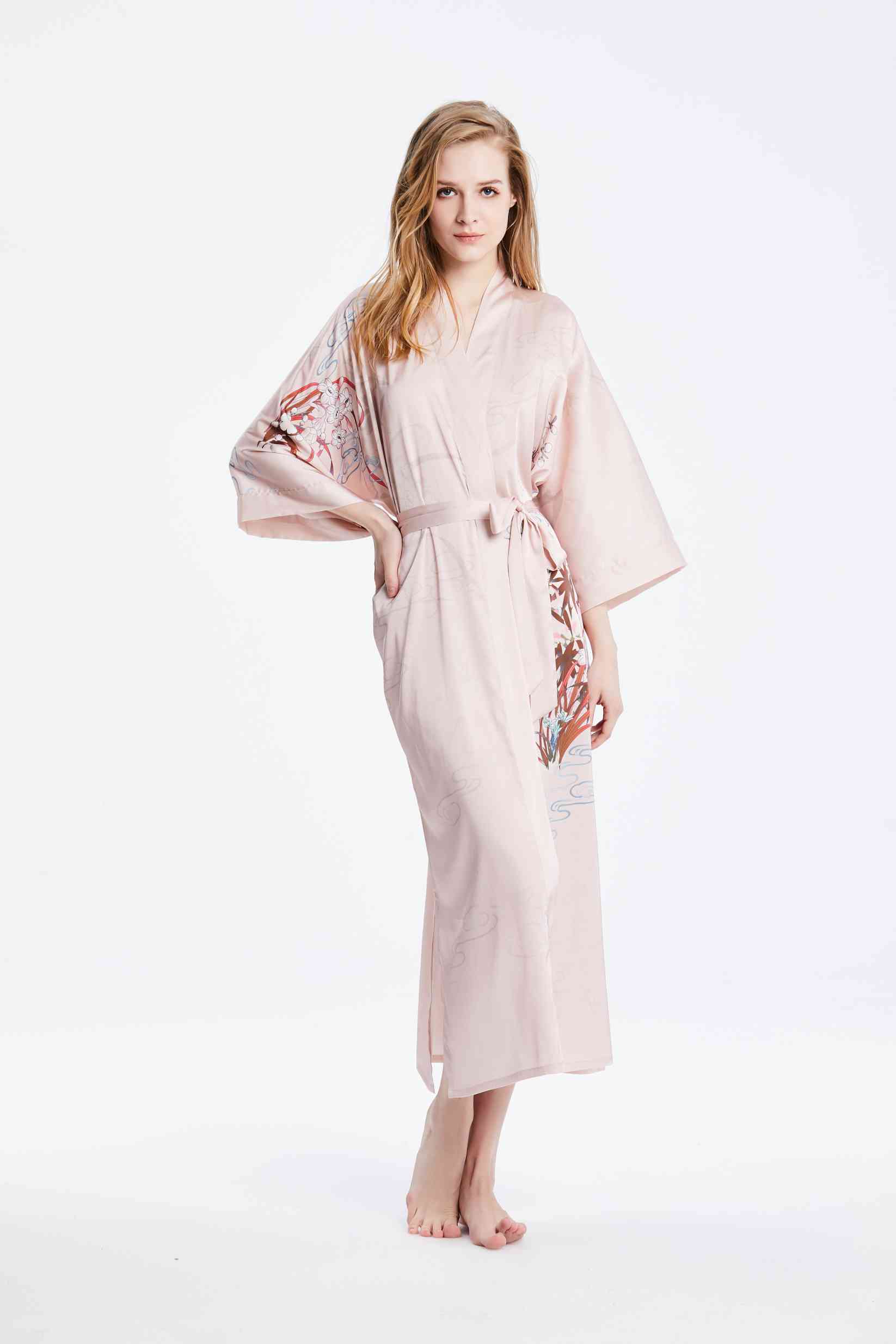 Women's Long 100 Silk Pink Kimono Robe Nightgown Custom Printed Factory Wholesale