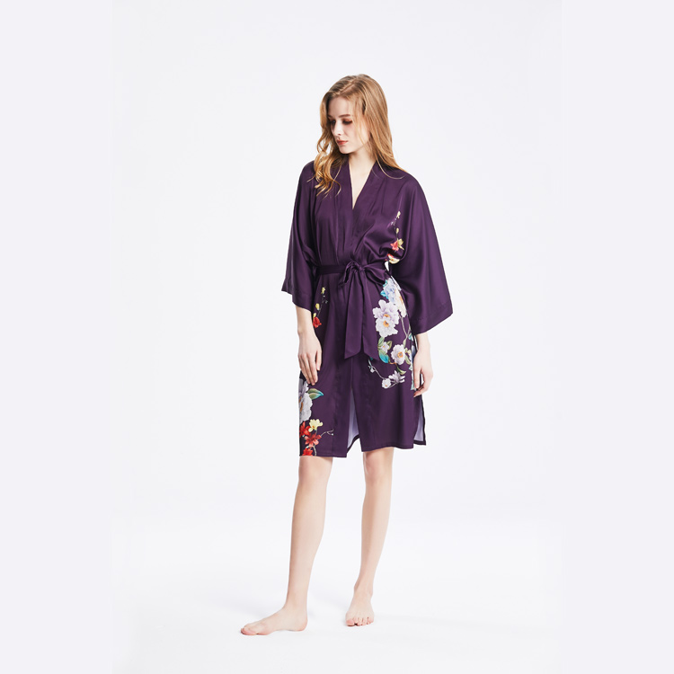 Best Ladies Short Washable Silk Purple Kimono Robe Nightgown with Floral Print Factory Wholesale