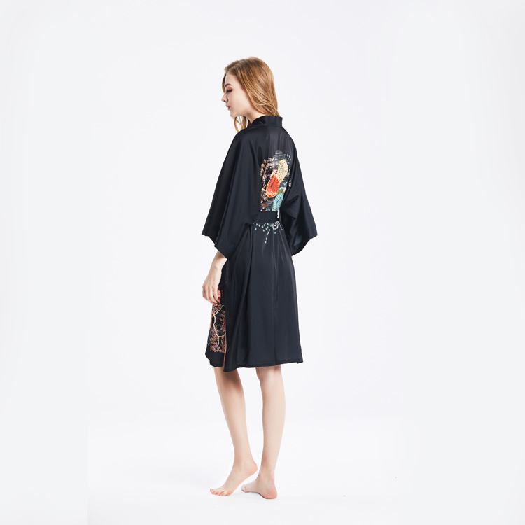 Womens Short Satin Silk Black Japanese Printed Kimono Robe Nightgown with 3/4sleeve Bulk buy Wholesale
