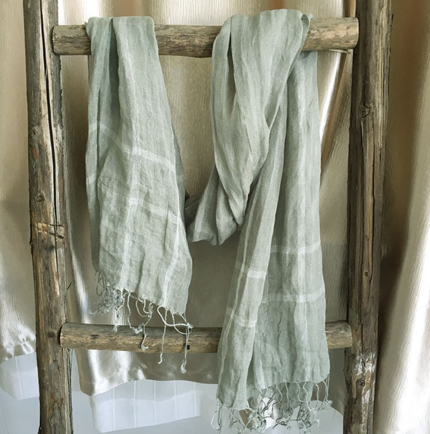 Custom Stripe Grey Green Color Linen Scarf with Trimmed for Women China Supplier