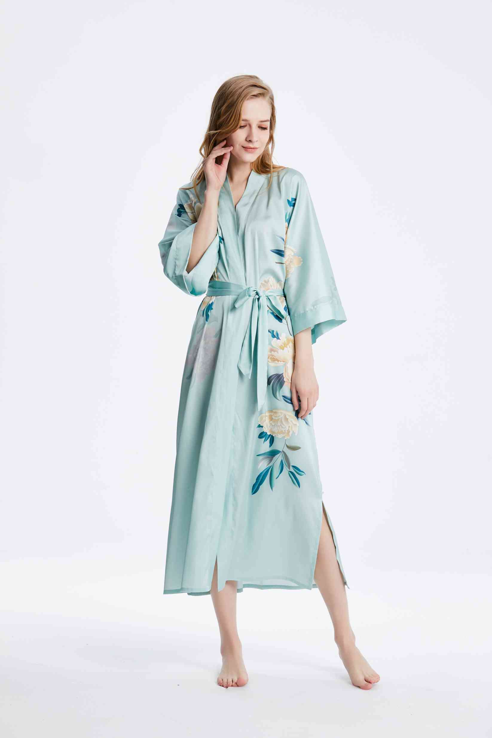 Best Ladies Long 100 Satin Silk Green Kimono Robe Nightgown Custom Printed Bulk buy Wholesale