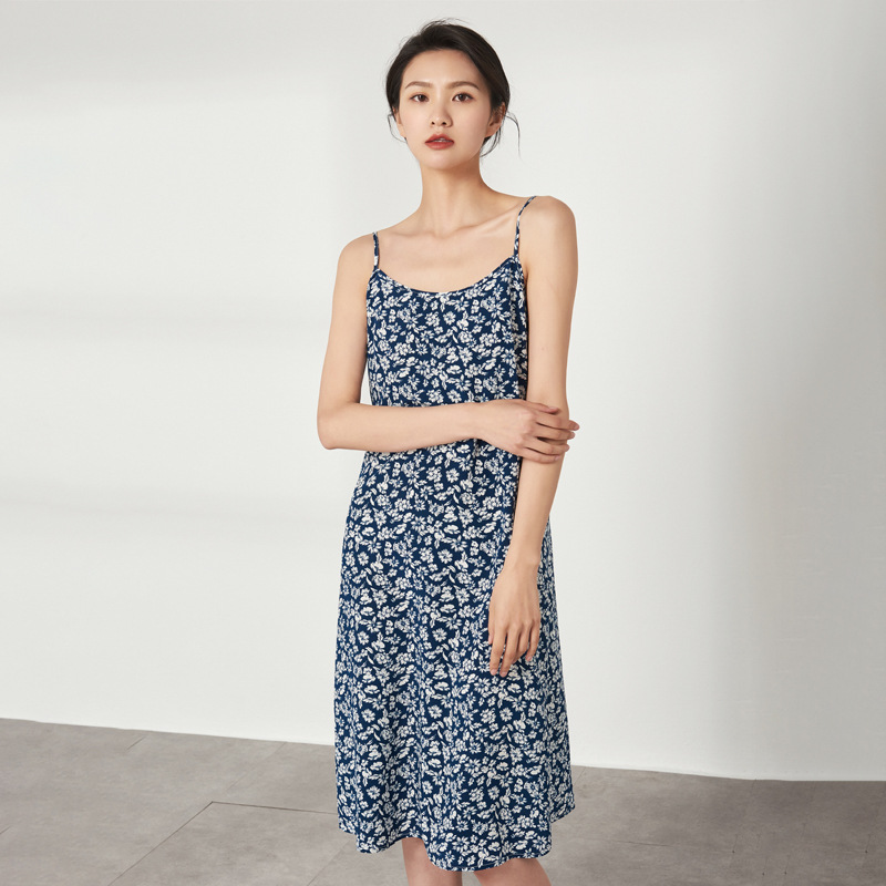 Floral Printed Mid-length Long Slip Cami Dress in 100% Mulberry Silk for Ladies Wholesale