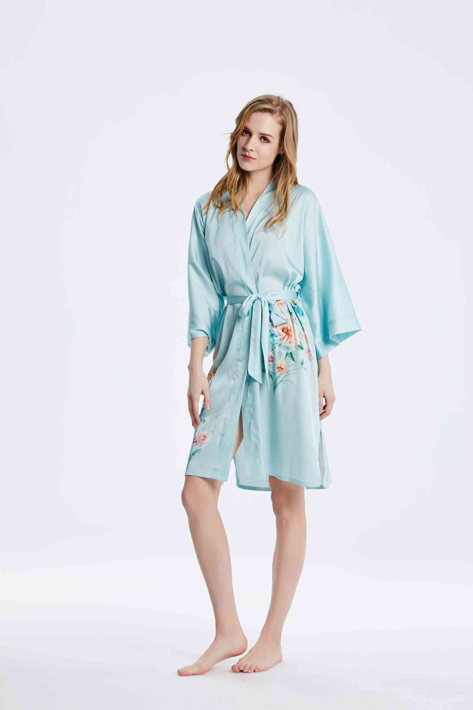 Best Ladies Washable Satin Silk Mint Color Floral Print Kimono Bathrobe Nightgown Bulk buy Wholesale