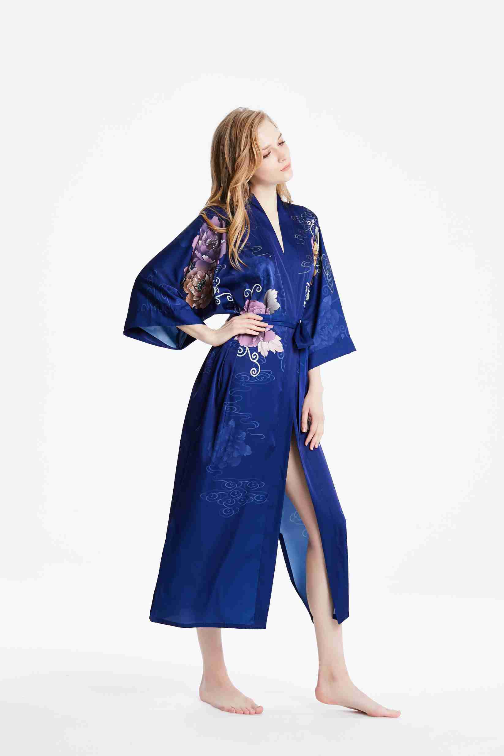 Best Ladies Full night Authentic Silk Blue Kimono Robe gown with Custom Floral Print Factory Wholesale