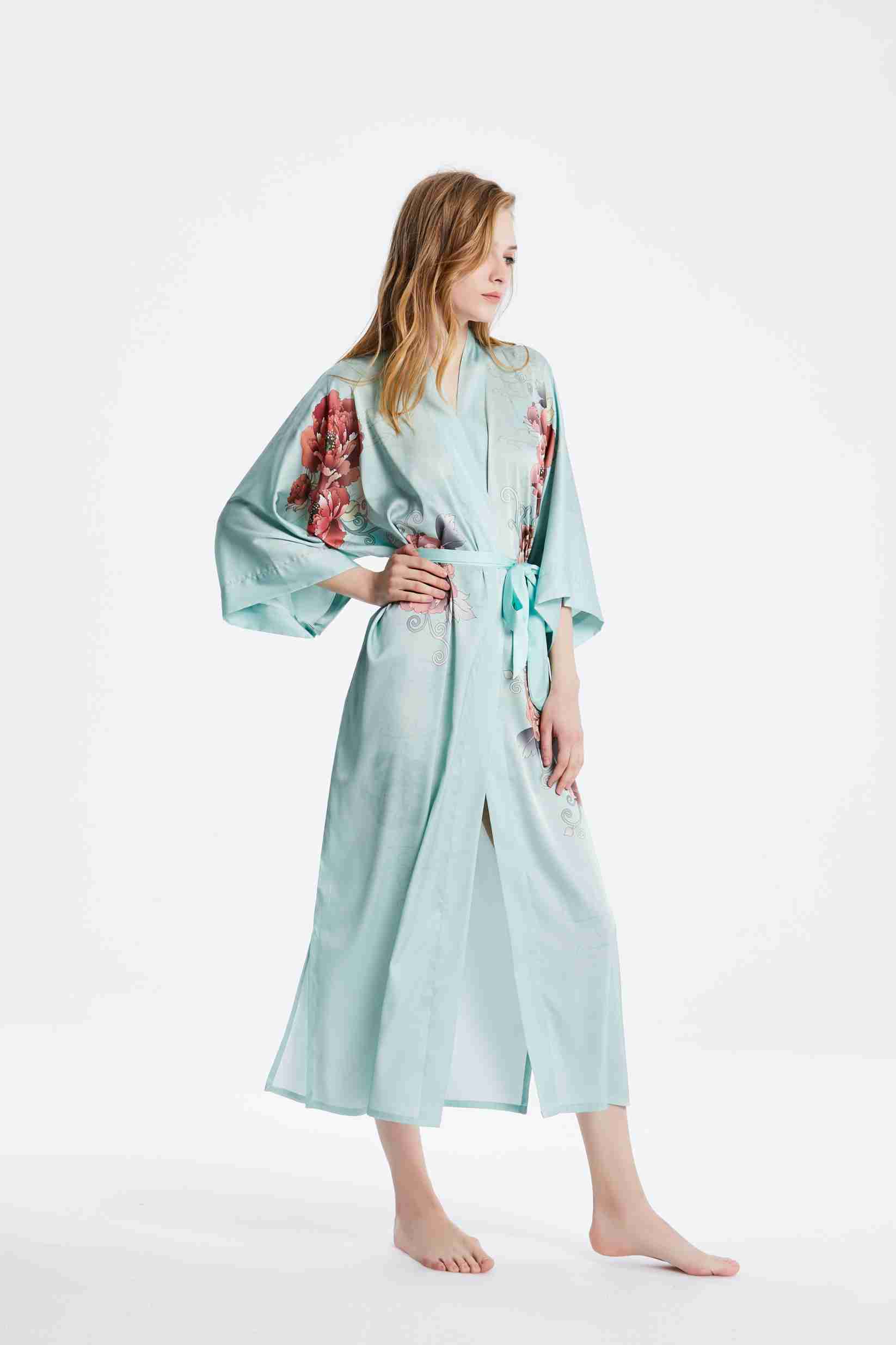 Best Ladies Long 100 Silk Green Kimono Robe Nightgown Floral Print Factory Wholesale