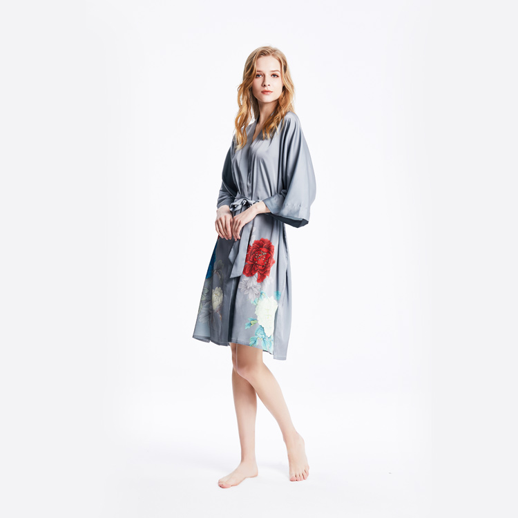 Womens Short Satin Silk Gray Printed Kimono Spa Robe Nighty Set Factory Wholesale